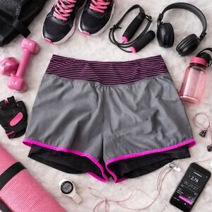 Hannah 2-in-1 Running Shorts Grey Black Pink Striped‎ Waistband Zipper Pocket L